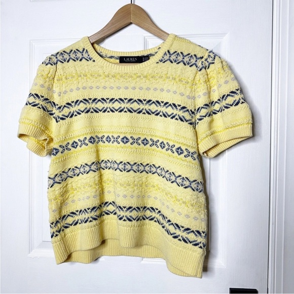 Lauren Ralph Lauren Yellow Fair Isle Knit Puff Sleeve Sweater Top Preppy Size XL - Picture 3 of 9